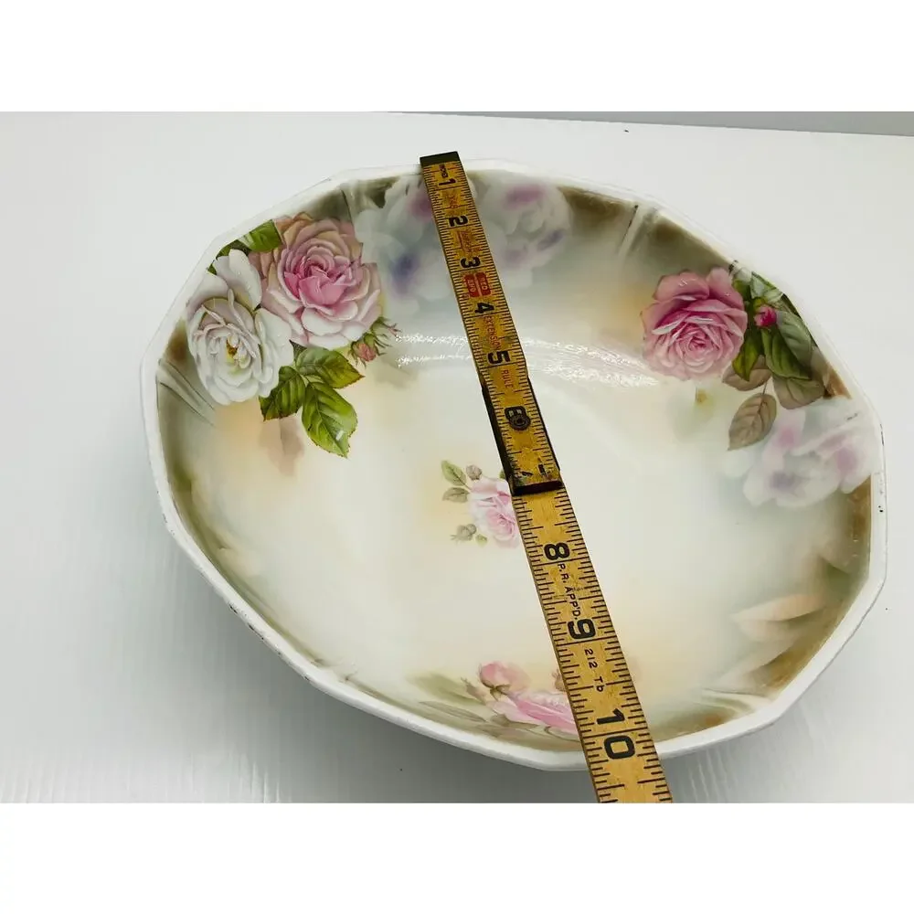 Antique Porcelain Serving Bowl Pink White Roses Scalloped Hand Painted